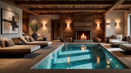 Fototapeta premium Luxury hotel suite features private indoor swimming pool, modern wood interior. Cozy fireplace burns in rustic living room. Stylish lounge chairs, warm lighting create calm atmosphere for relaxation.