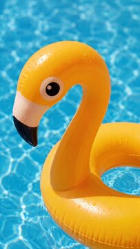 Yellow flamingo pool float in bright blue swimming pool