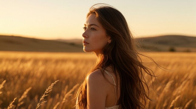 Young brunette woman looks at horizon in golden wheat field during sunset. Pensive girl with long hair stands in rural meadow. Serene profile of female traveler enjoying warm sunlight, peace in