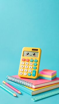 Colorful school supplies with calculator on blue background
