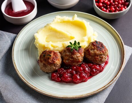 traditional swedish meatballs kottbullar with mashed potatoes and red lingonberry jam