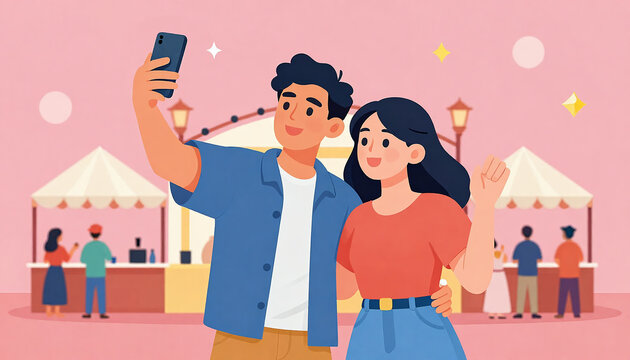 Joyful Young Couple Sharing Laughs While Taking Selfie Amidst Colorful Festival Atmosphere with Exciting Decorations and Lively Crowd