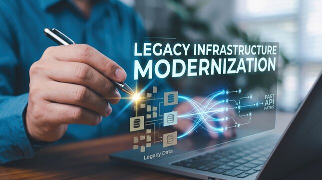 Digital Transformation Hand Interacting with Virtual Interface Showing Legacy Infrastructure Modernization for Business System Upgrades and Data Integration