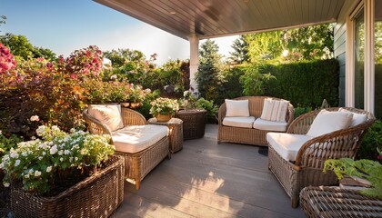 Fototapeta premium serene patio oasis wicker furniture amidst lush blooming flowers and greenery bathed in warm sunlight