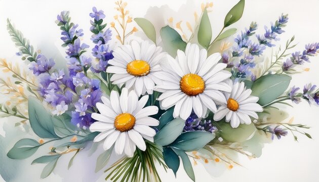 daisies and lavender bouquet a charming watercolor bouquet featuring delicate white daisies and fragrant lavender sprigs accented with soft green eucalyptus leaves