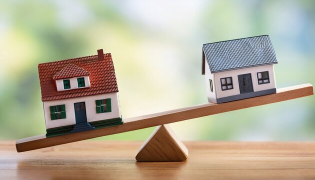 property comparison two miniature houses balanced on a scale
