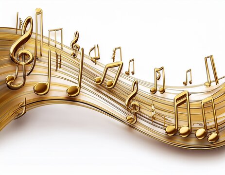 elegant gold music notes on staff lines isolated on white background