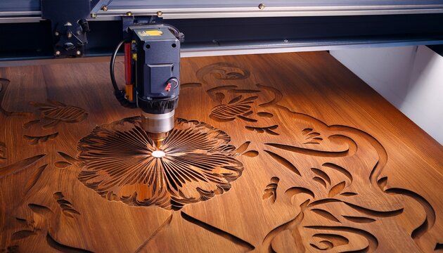 a wide top down view of a cnc laser cutting machine engraving a pattern on a walnut wood surface