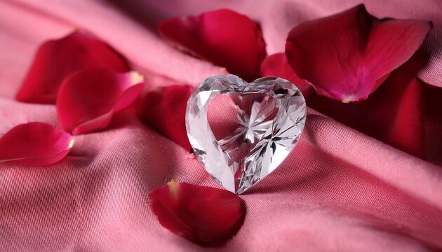 a heart shaped diamond on a pink cloth with rose petals