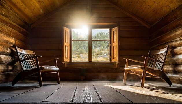 sunlight streams through a window illuminating dust particles in a rustic wooden cabin with two empty chairs