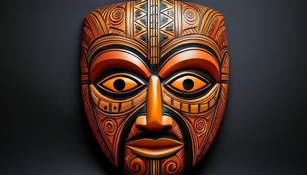 hand painted wooden mask with intricate tribal patterns orange and black color cultural artifact traditional design expressive face isolated on transparency background