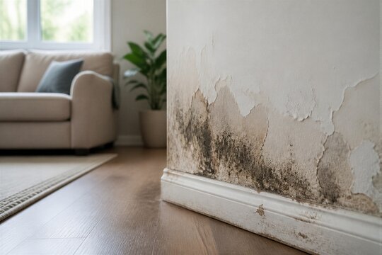 Interior wall mold damage in living room near baseboard
