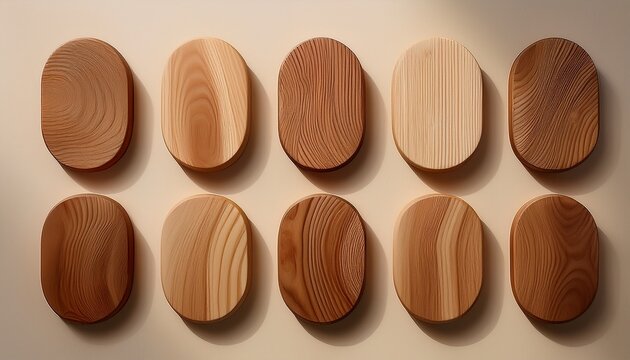 five wooden shapes arranged on a pale backdrop featuring a simple design with gentle shadows and a natural wood texture