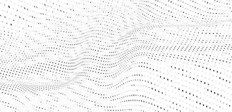 Black abstract halftone pattern with circular and oval dots creating a flowing gradient and dispersion effect
