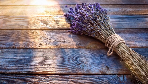 rustic wooden surface with a bundle of dried lavender flowers illuminated by warm sunlight