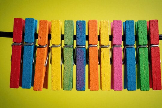 Row of colorful wooden clothespins clipped onto black cord against bright yellow background. Simple items arranged in neat line, with unique vibrant hue. Practical household objects used for hanging