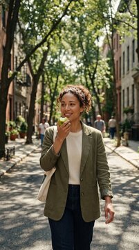 A woman in a blazer walks on a sunny street eating an apple. She takes a mindful break to prevent burnout and prioritize mental health. Ideal for wellness and corporate balance content.