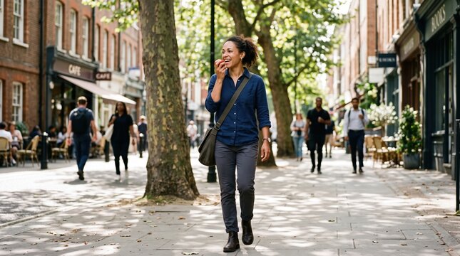 A smiling woman eats an apple while walking down a sunlit city street. This scene represents workplace self care and mental health breaks. Ideal for wellness or HR articles.