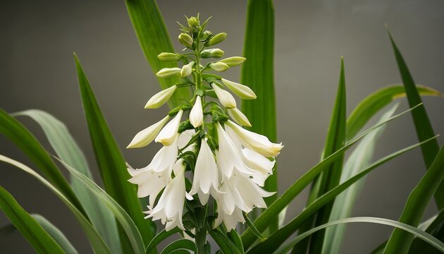 tall green plant with pointed leaves topped by a spike of creamy white bell shaped flowers