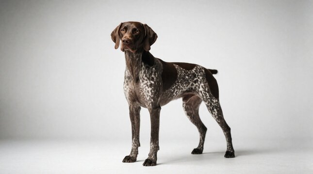 Brown and white German Shorthaired Pointer stands in studio. This purebred dog has short hair and distinctive markings. It poses elegantly looking directly at the camera.