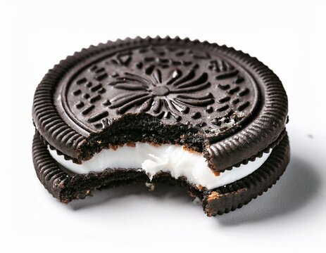 a bitten oreo cookie with cream filling exposed