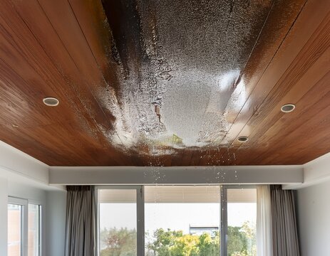 water leaking through a stained ceiling with visible drip marks inside a modern room