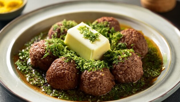 macro view of spiced raw beef kitfo with clarified butter and ayib cheese