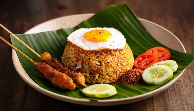 indonesian nasi goreng fried rice with fried egg and satay on banana leaf