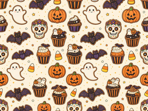 Seamless halloween pattern with cute ghosts pumpkins cupcakes and sugar skulls on a beige background
