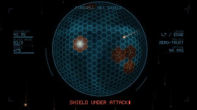 Hexagon Firewall Shield Dome Taking Hits and Rebuilding After a Repelled Cyber Intrusion