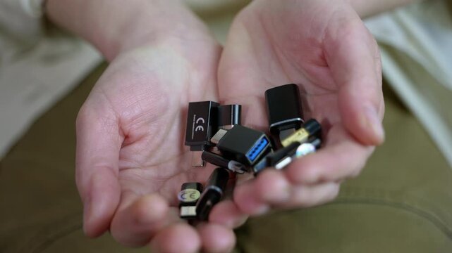 Person holding a handful of various usb adapters. Person's cupped hands holding a collection of various usb adapters, including type-c, micro usb, and other connectors
