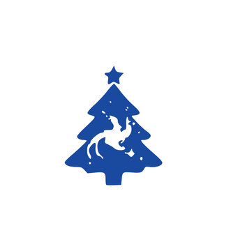 Crescent Moon Christmas Tree icon. Blue silhouette of a festive pine decorated with night sky astronomy elements, perfect for sci-fi holiday greeting card art