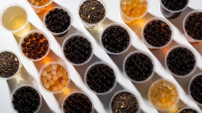 Variety of boba tea ingredients and drinks in cups. Tapioca pearls tea drinks and loose leaf tea are arranged on a white surface with shadows. Overhead view.