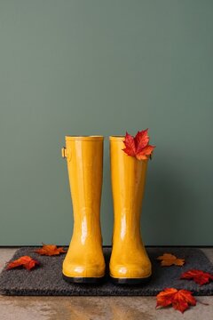 Yellow rain boots with autumn leaves on dark doormat