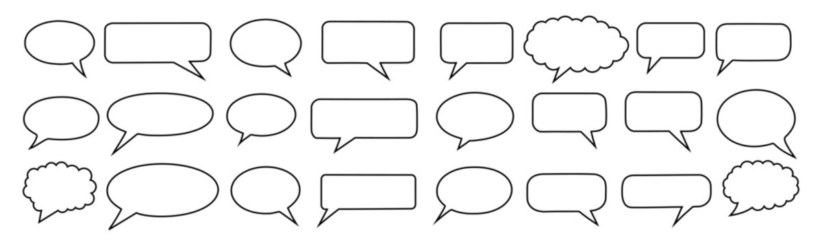 Speech bubble icon set. Black outline chat comment cloud rectangle oval symbol design. Message dialogue text conversation background. Vector icon.