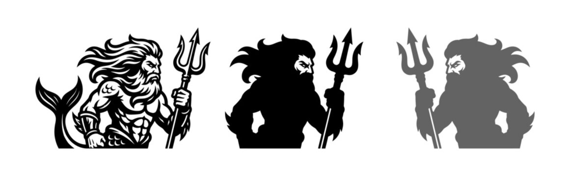Set of three stylized merman illustrations featuring a trident in various artistic graphic styles on white background