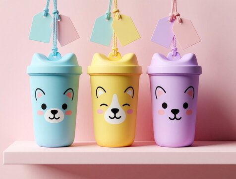Three colorful animal-face tumblers sit on pink shelf with pastel tags hanging above. Reusable cups feature cute designs, pastel colors, ideal for kids promotional items. Promote eco friendly
