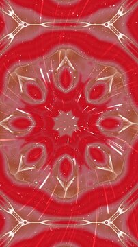 Abstract red kaleidoscope pattern with symmetrical geometric shapes and light streaks.