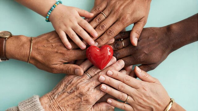 Diverse Multi-generational Hands Holding a Red Heart Together Symbolizing Unity, Healthcare Support, and Community Love