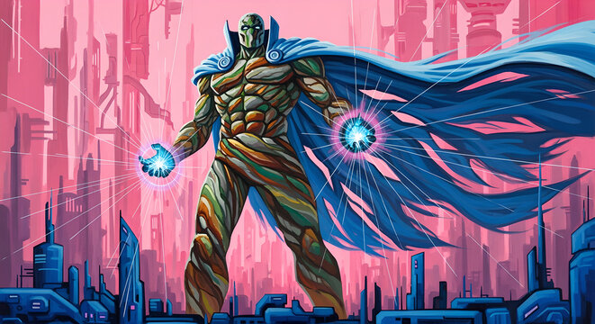 Godlike Guardian of a Neon Utopia A Mystical Entity Wielding Cosmic Energy Amidst a Dystopian-Inspired Futuristic Cityscape in a Vibrant Duotone Palette