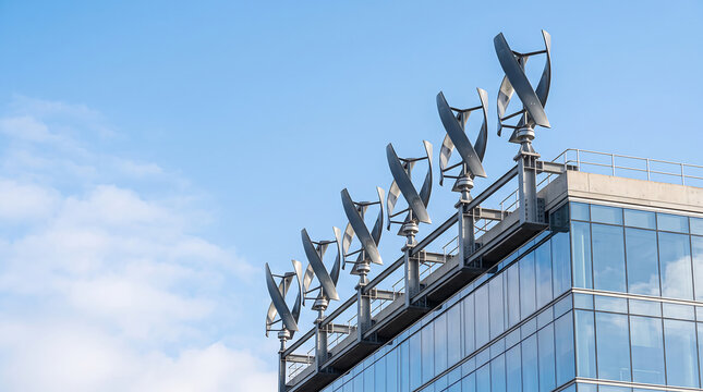 Row of vertical axis wind turbines installed on modern rooftop against clear blue sky background.