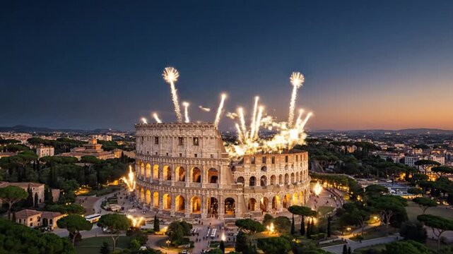 Golden Globe Fireworks Over Paris Eiffel Tower and Rome Colosseum