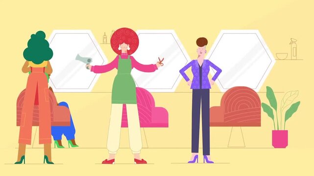 Animated hair salon interior featuring stylists with scissors and a hairdryer