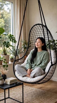 Young Asian woman relaxing in a black hanging egg chair in a bright, plant-filled living room.