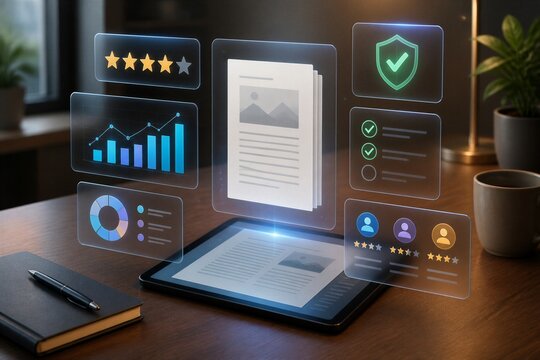 Tablet displaying floating data dashboards over wooden desk