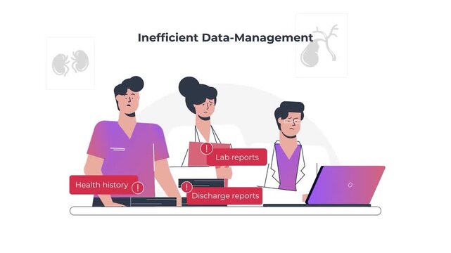 Animated medical staff stressed by inefficient data management in hospital office