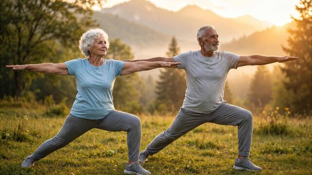 Senior Couple Practicing Warrior II Yoga Pose in Scenic Mountain Meadow at Sunrise