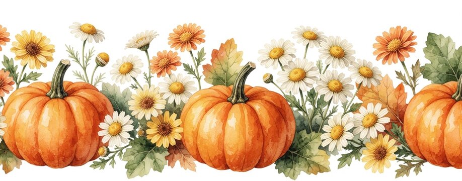 Four vivid, orange pumpkins with brown stalks sit among diverse floral arrangement. Bright chrysanthemums, daisies, seasonal blooms in shades of yellow, white, orange intermingle with autumn leaves,