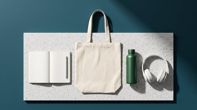 Cream canvas tote bag and green reusable bottle with blank notebook and headphones on terrazzo slab against teal backdrop