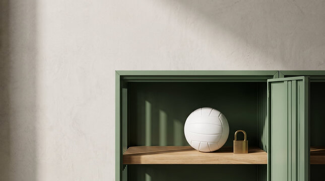 White volleyball and brass padlock in open sage green metal locker against sunlit concrete wall